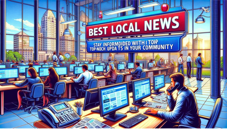 "A bustling newsroom with journalists at work, phones ringing, and screens showing local news updates, under a banner reading 'Best Local News'."Caption: "Inside the Heart of Local Journalism: Dedicated Professionals Bringing You the Latest News."