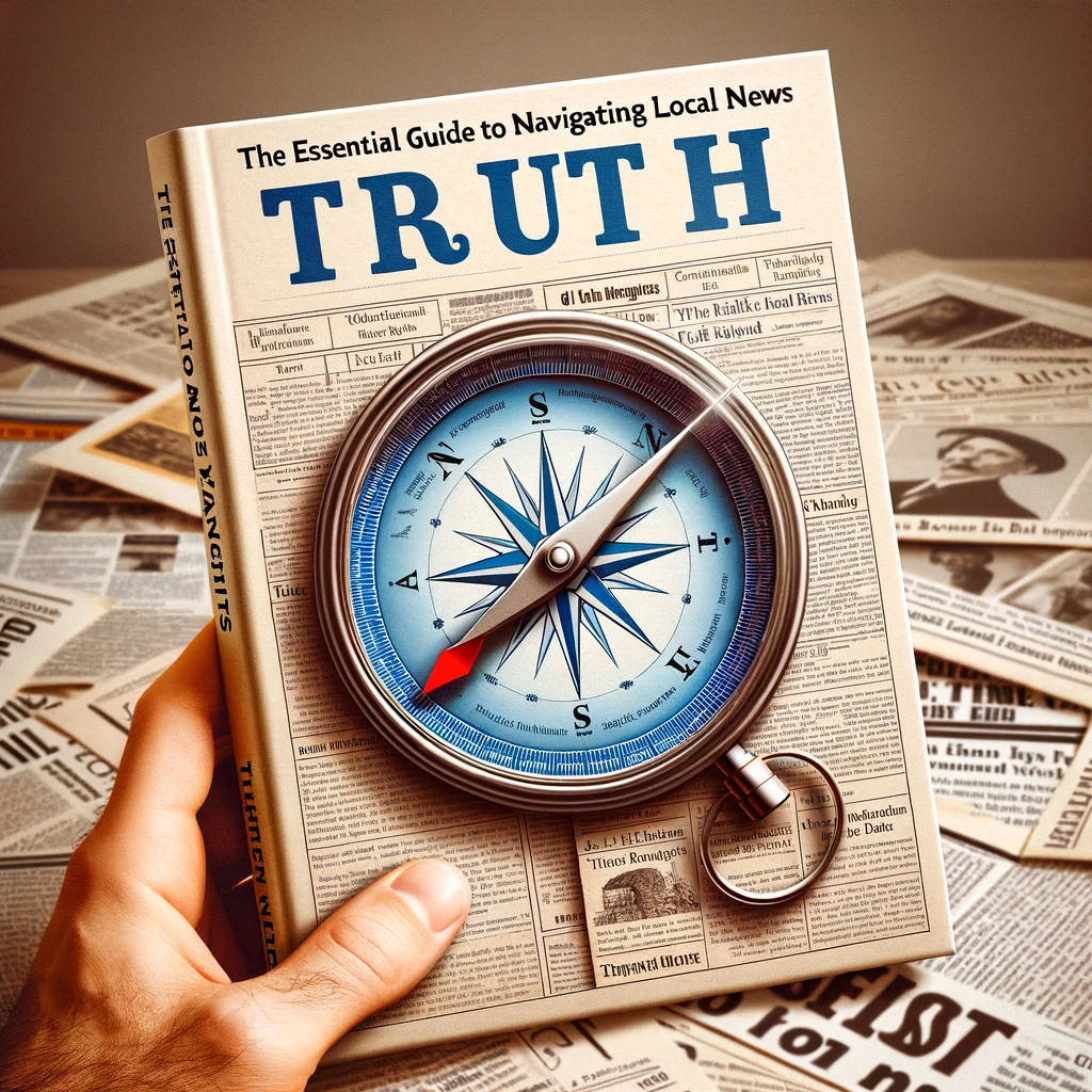 A book cover titled "The Essential Guide to Navigating Local News" with a compass on newspaper clippings background.