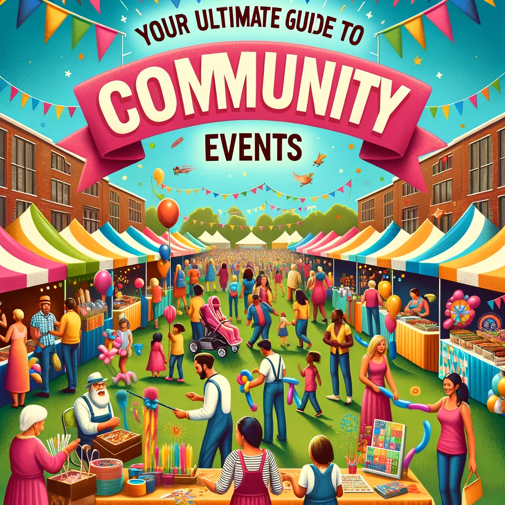 A bustling community fair with diverse activities, colorful banners, and a joyful atmosphere, highlighting the guidebook title.